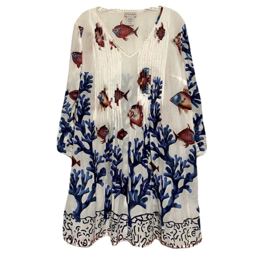Like New Soft Surroundings Tunic Beach Cotton Cover Up Large Petite Fish Trend